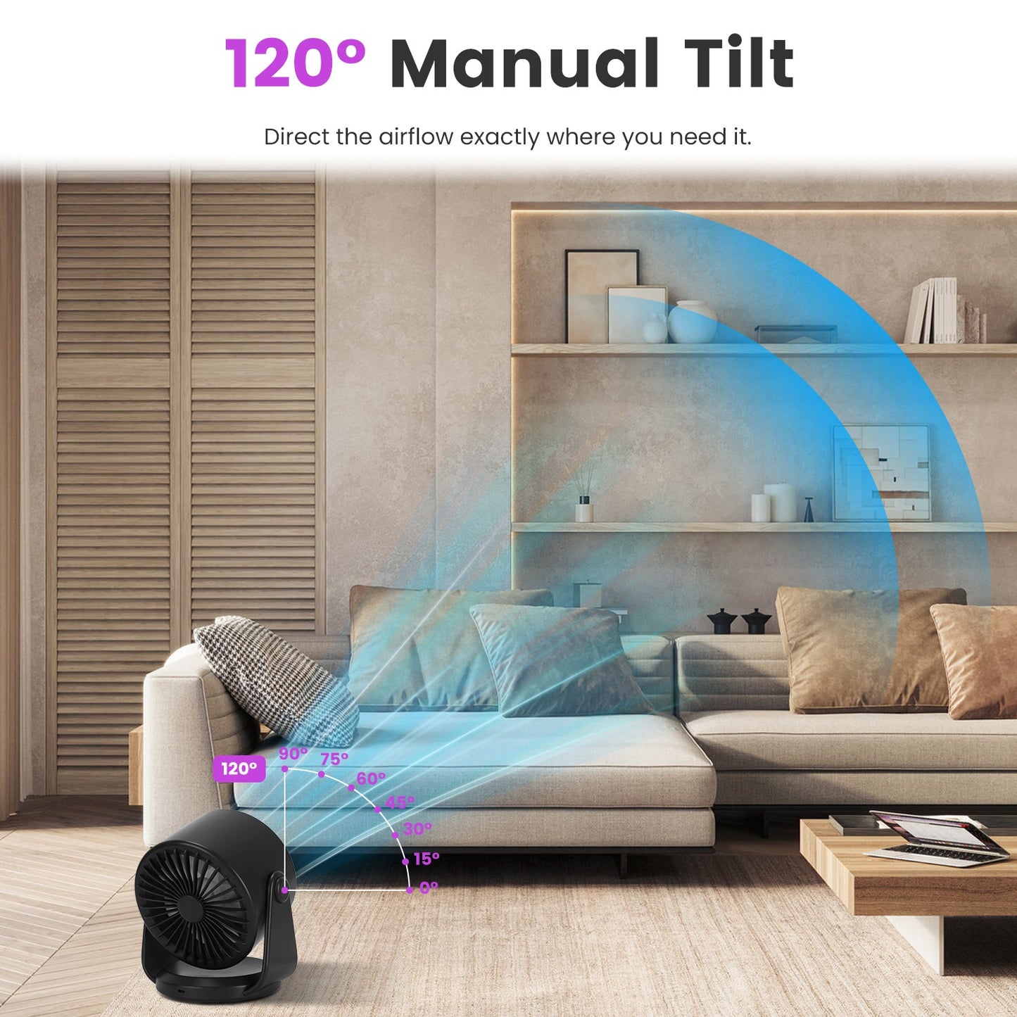 Rechargeable Battery-Operated Mini Desk Fan with 120° Tilt, USB & Wall Mount, 4000mAh