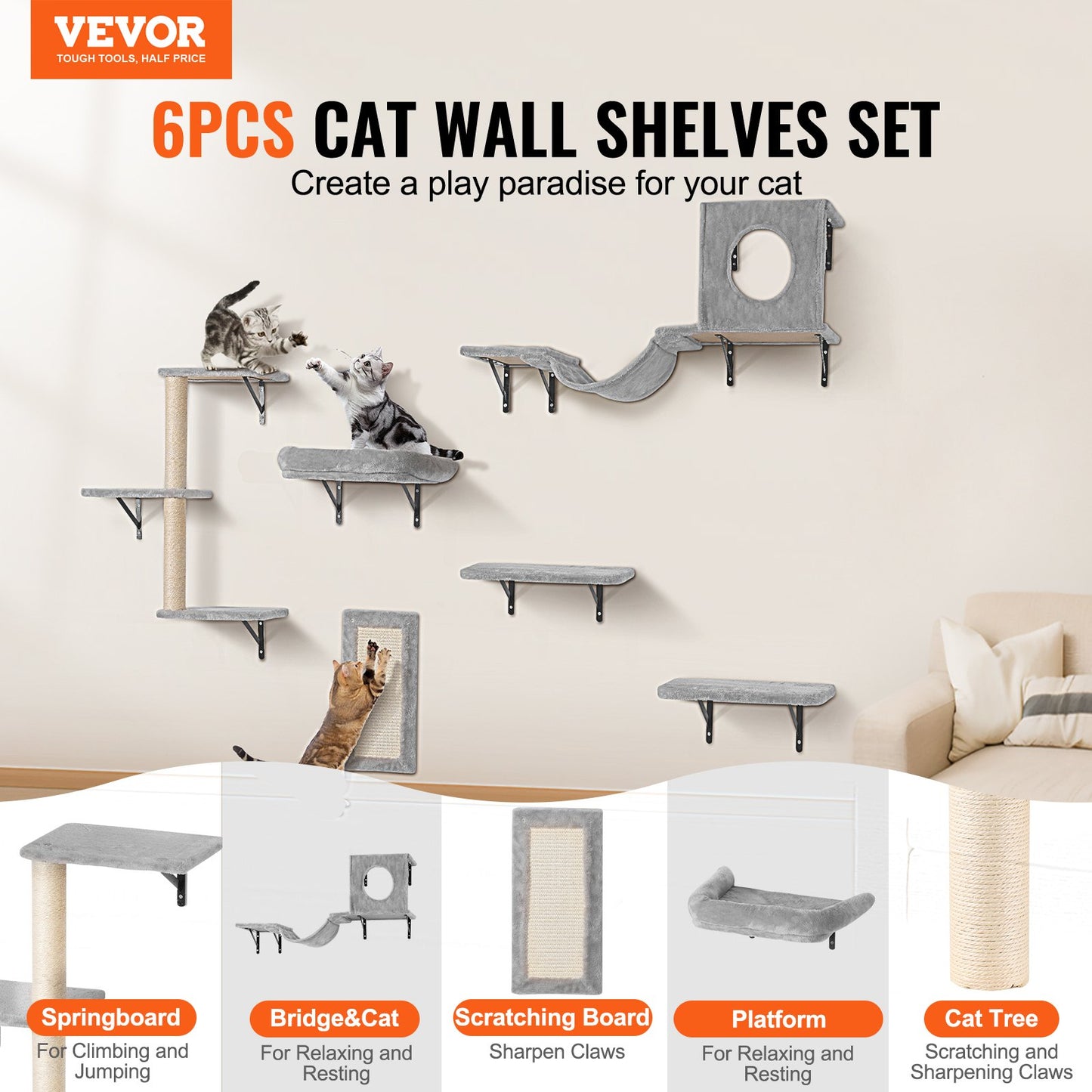 Wall Mounted Cat Shelves Tree Set with Jump Boards Hammock Sofa & Grip - 6 Pieces