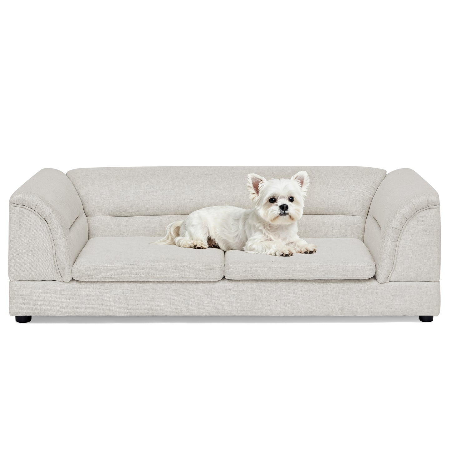 Oversized Pet Sofa Bed with Curved Armrest in Linen Fabric for Large Dogs - Beige