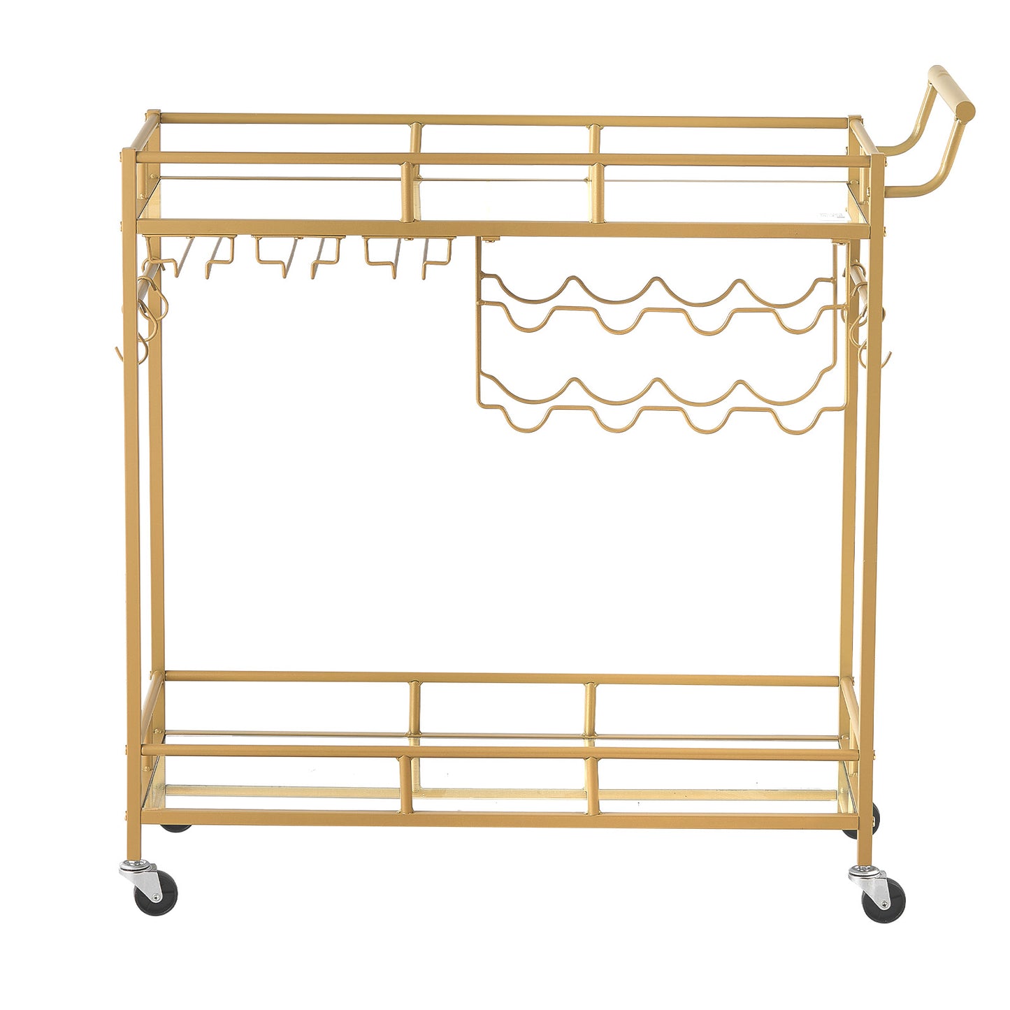 Bar Cart with Mirrored Glass Shelves and Wine Rack - Gold 2-Tier Serving Trolley