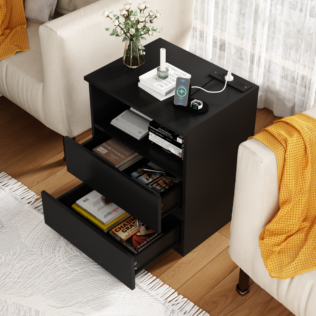 Set of 2 Modern End Tables with USB Charging Station & Drawers - Black