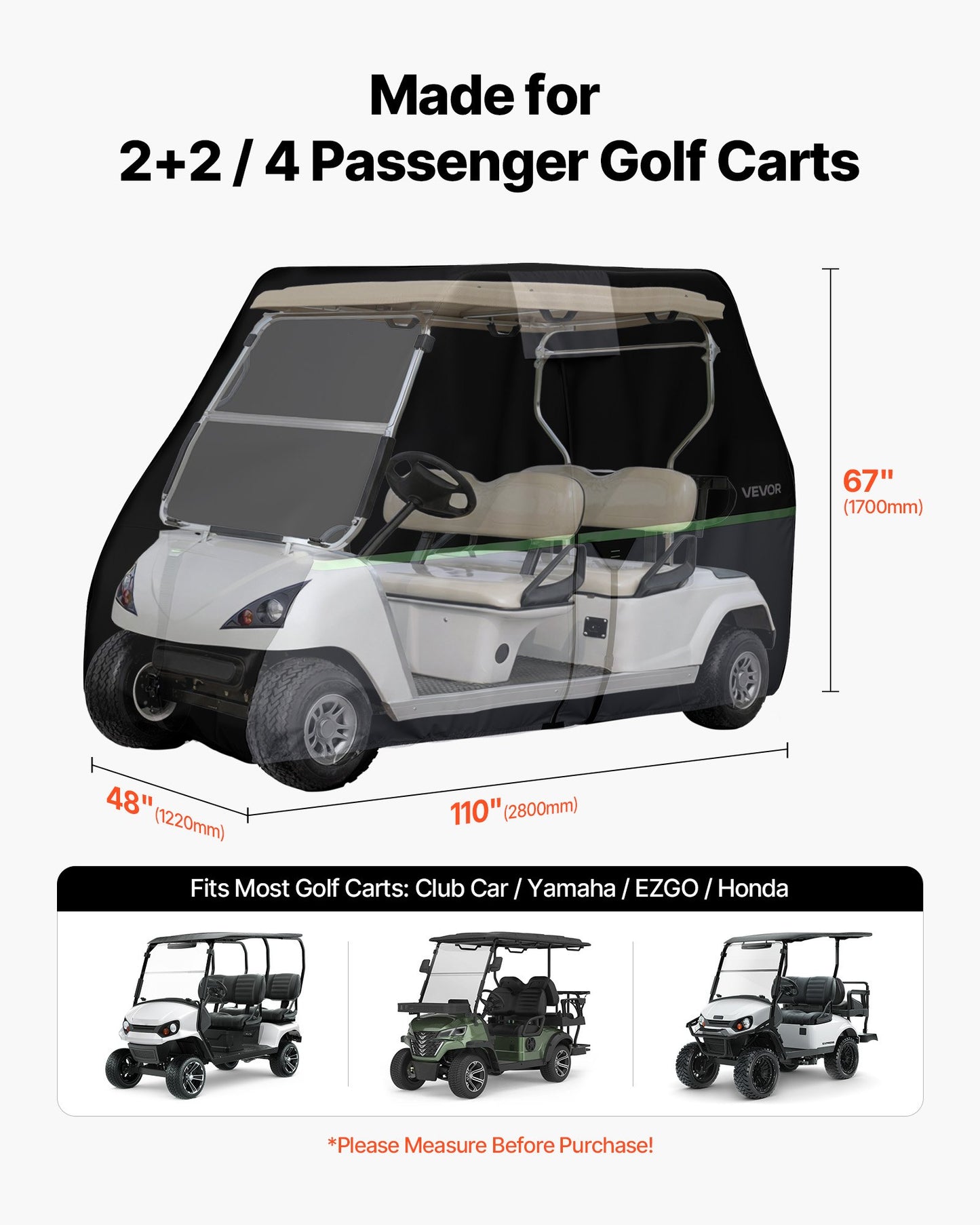 Waterproof Golf Cart Cover for 2+2/4 Passenger Carts - Fits Most Models