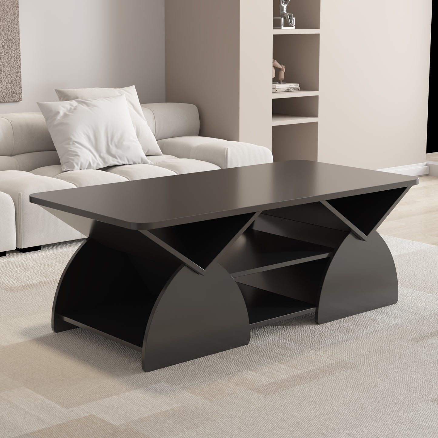 Engineered Wood Rounded Corner Rectangular Coffee Table For Living