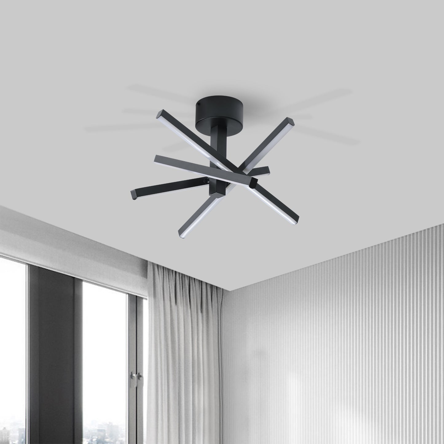 12 Inch LED Ceiling Light - Geometric Starburst Design, Black Finish
