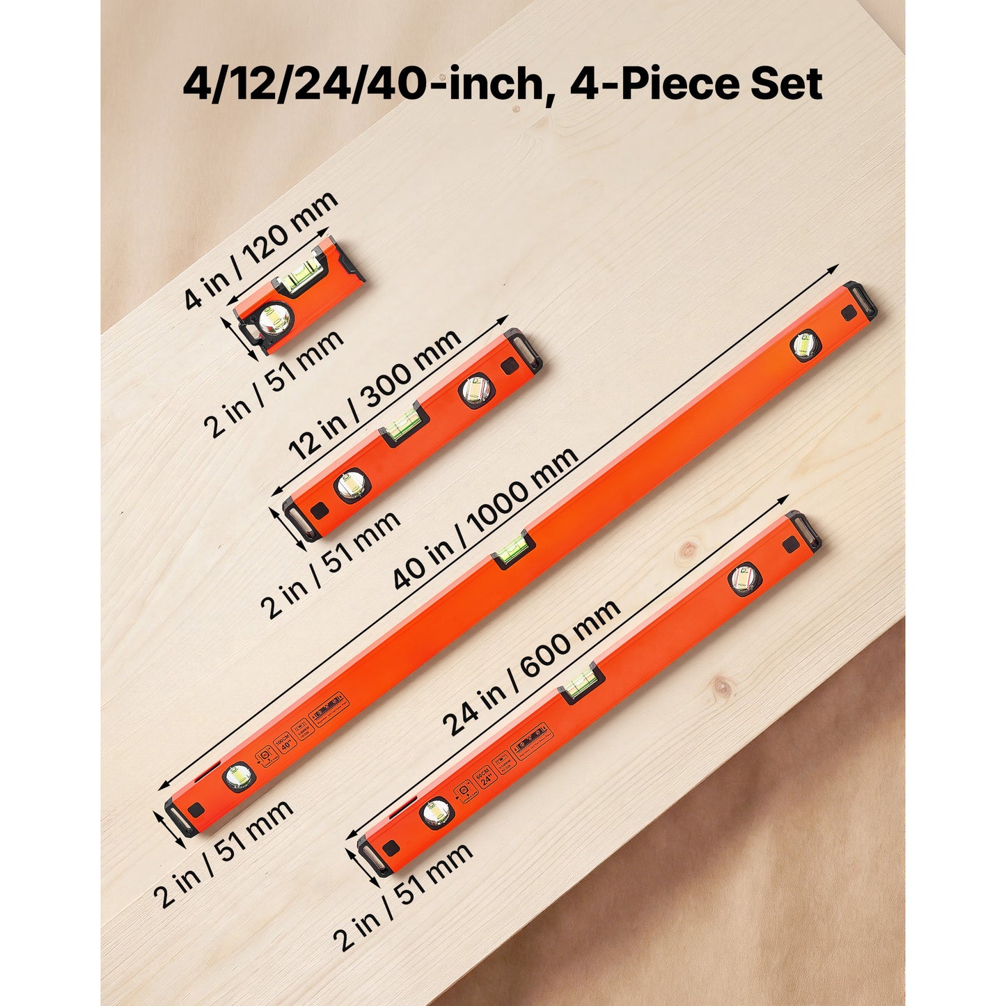 Magnetic Torpedo Level Set - 4-Piece Aluminum Construction with Green Vials