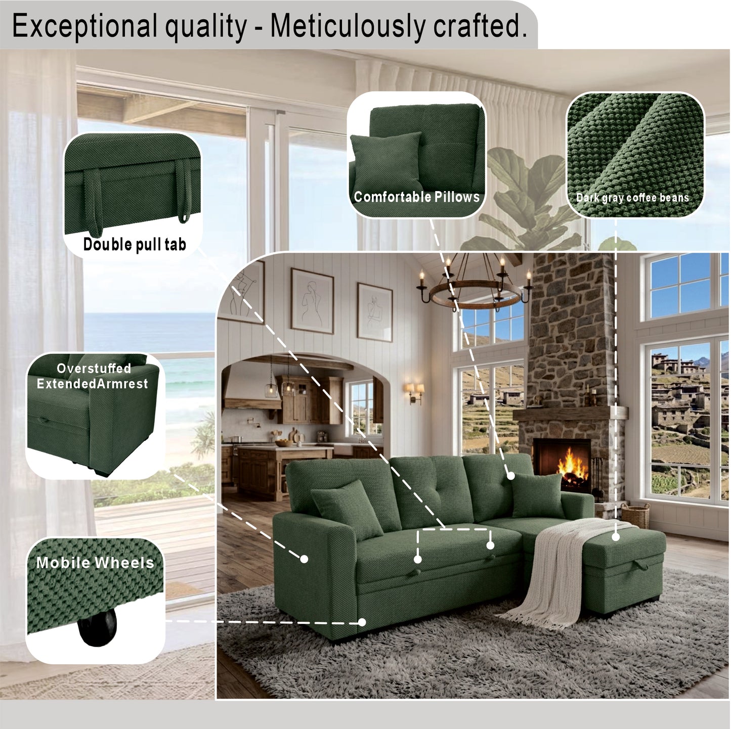 Convertible Sleeper Sofa with Pull-Out Bed & Reversible Chaise - Dark Green