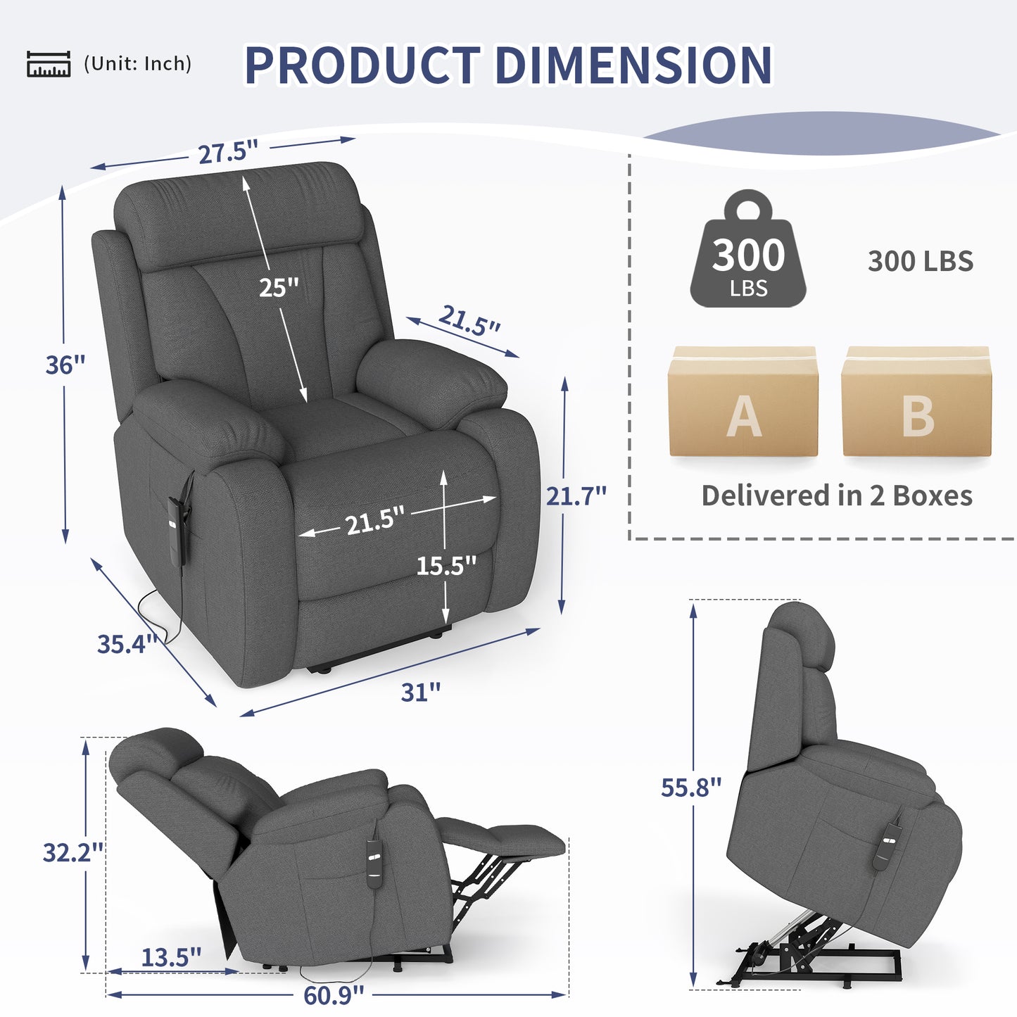 Power Lift Recliner for Elderly - Adjustable Dark Gray Velvet Chair