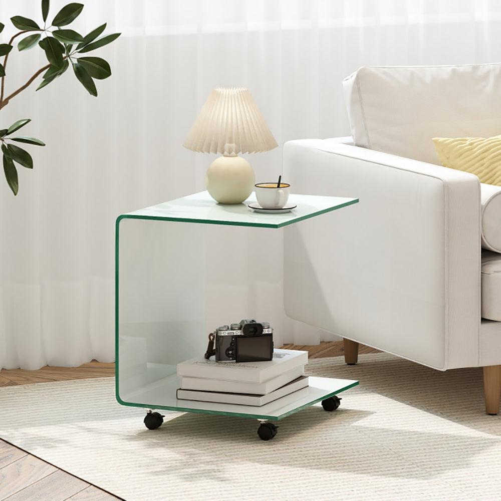 C Shaped End Table Modern Tempered Glass Side With Shelf 4 Swivel