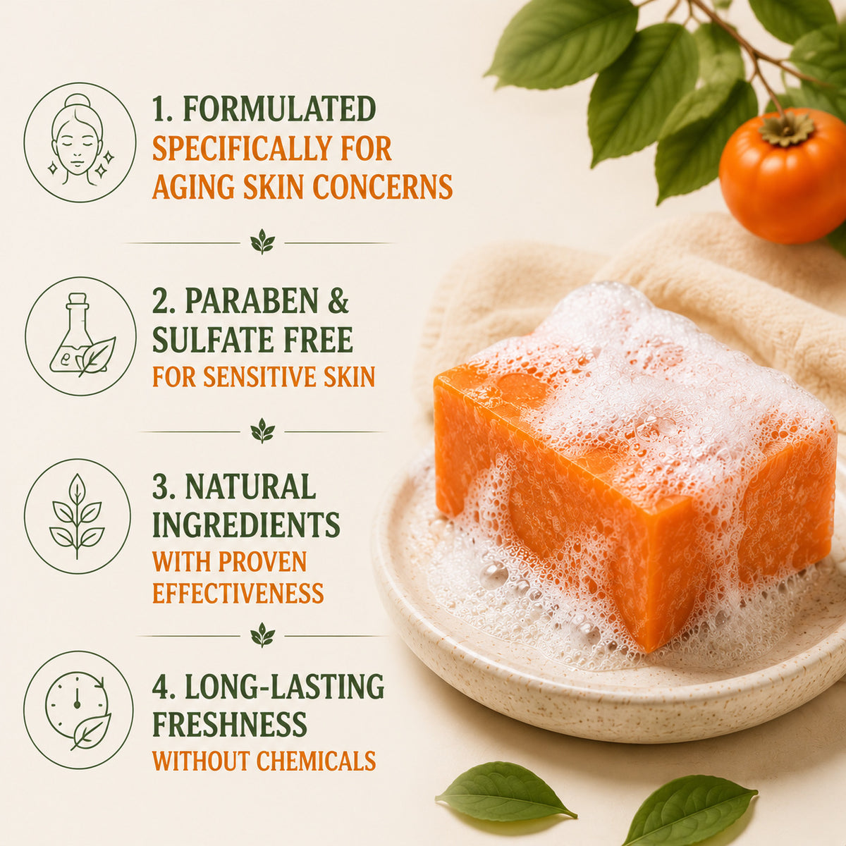 Persimmon Soap 100g | Natural Skin Care Bar for Face & Body - Multiple Quantities