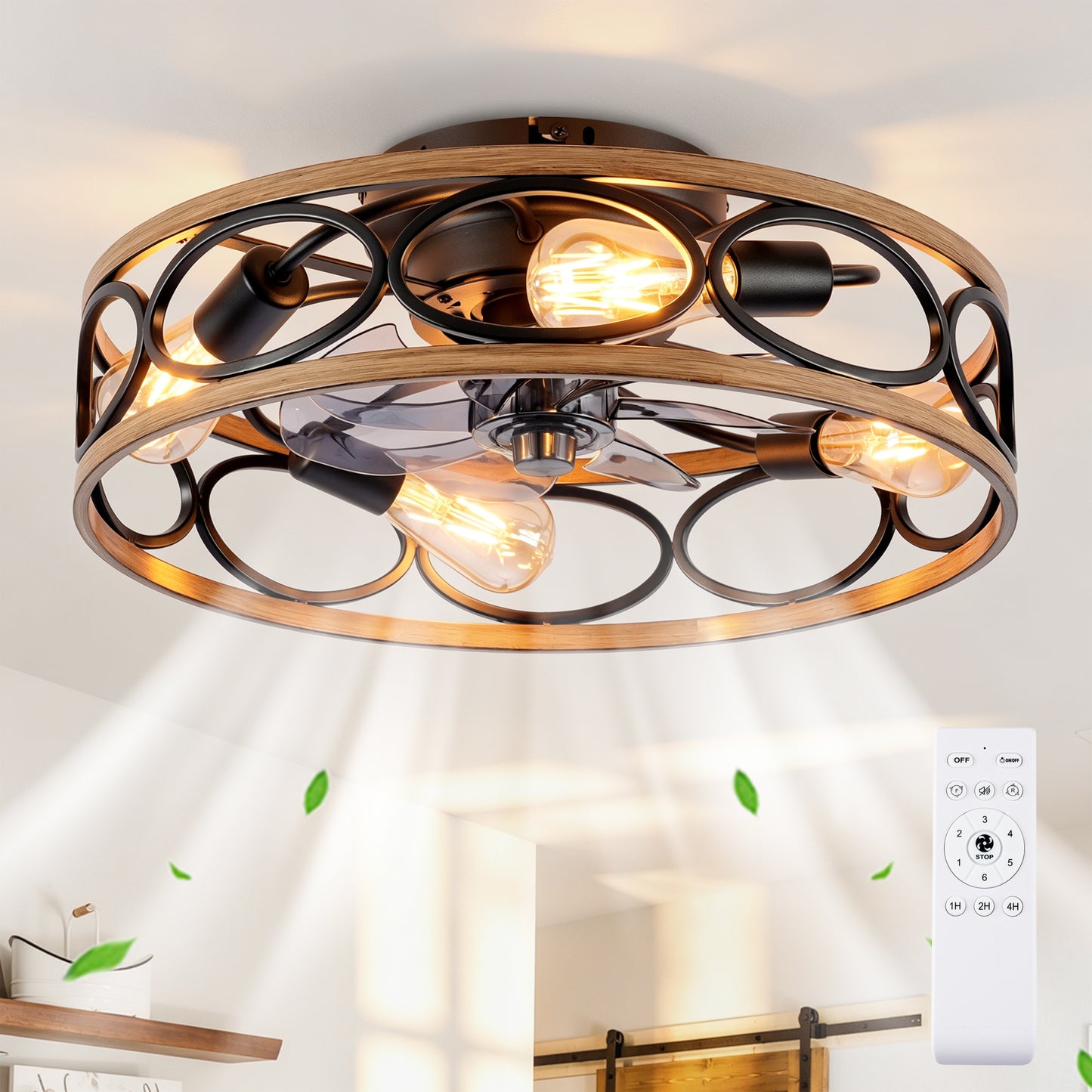 19-Inch Caged Ceiling Fan with Remote Control & Light Kit - Matte Black