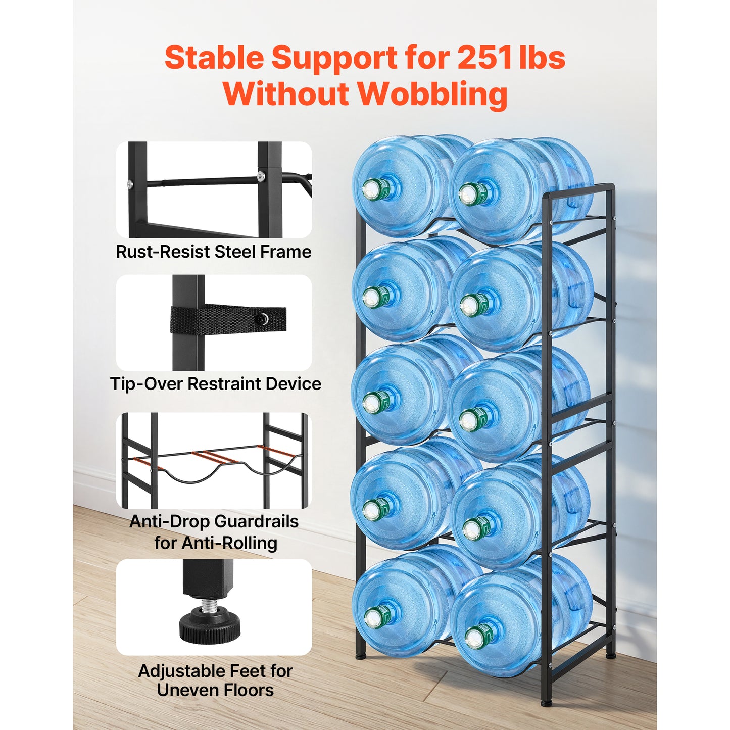 Heavy Duty Water Bottle Rack Organizer - 5 Tiers for 3 & 5 Gallon Bottles, Black