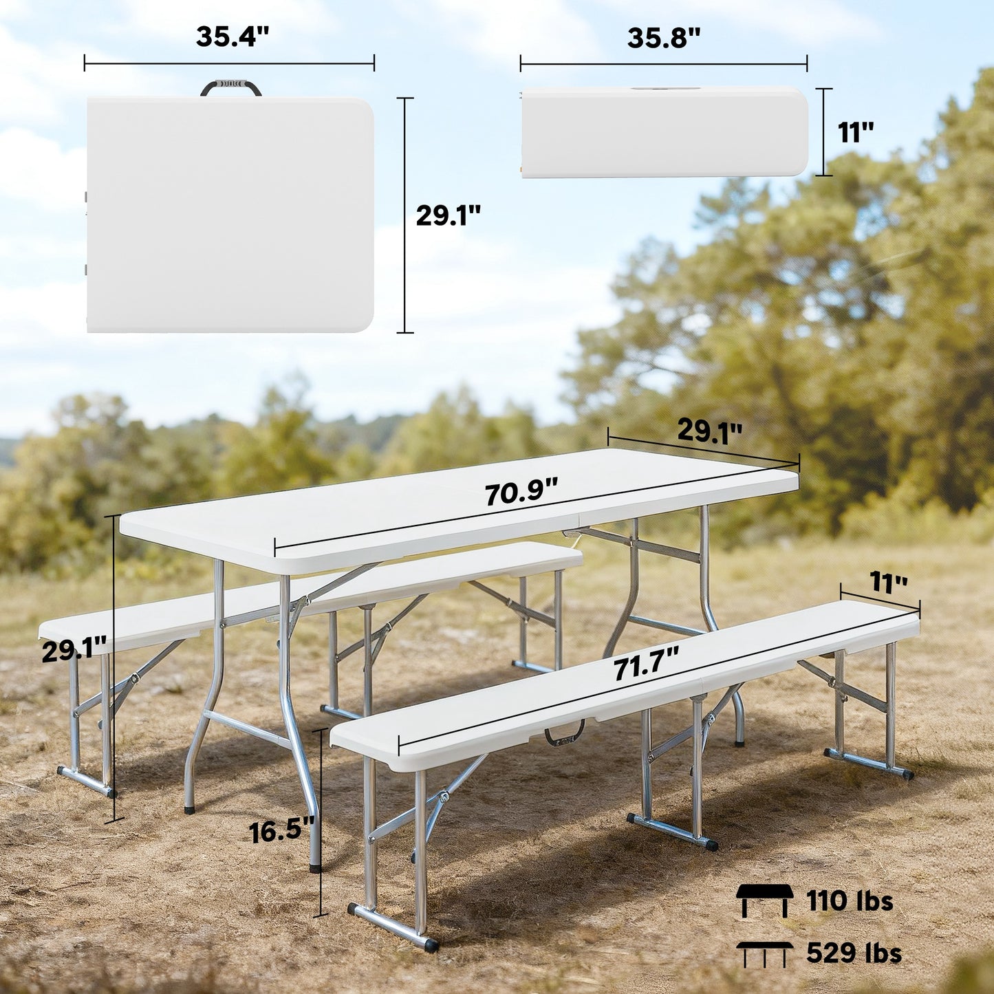 Portable Folding Picnic Table and Chairs Set - White