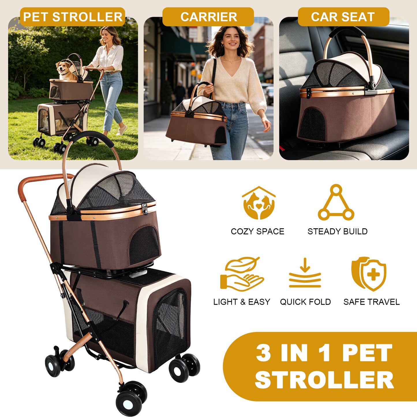 Double Pet Stroller for Dogs and Cats - Foldable, 3-in-1 Carrier with Shockproof Wheels