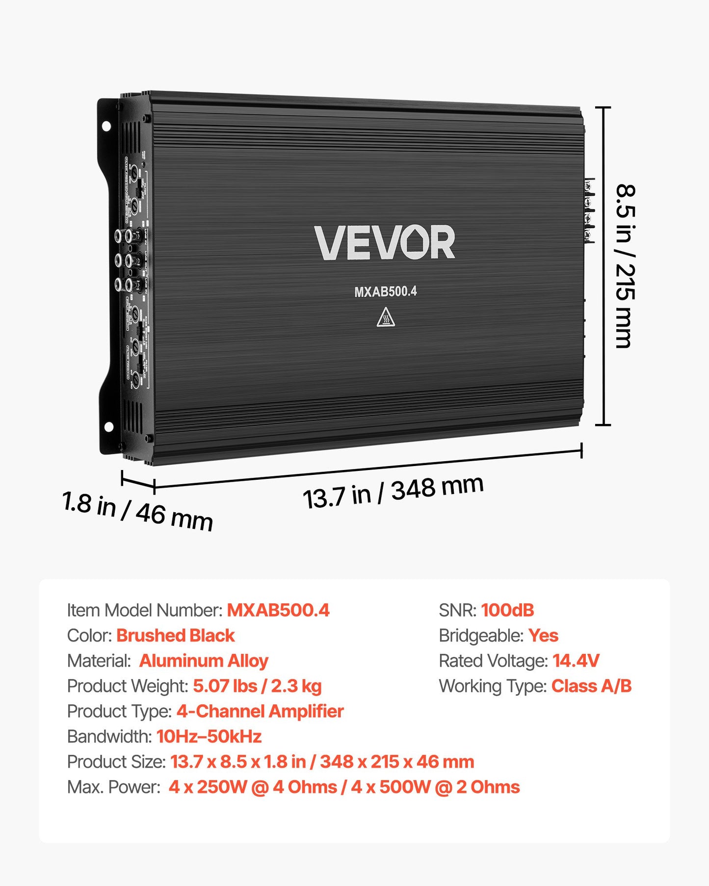 4 Channel Car Amplifier 2 Ohm Stable Bridgeable Class A/B 250W/500W for Car SUV Truck