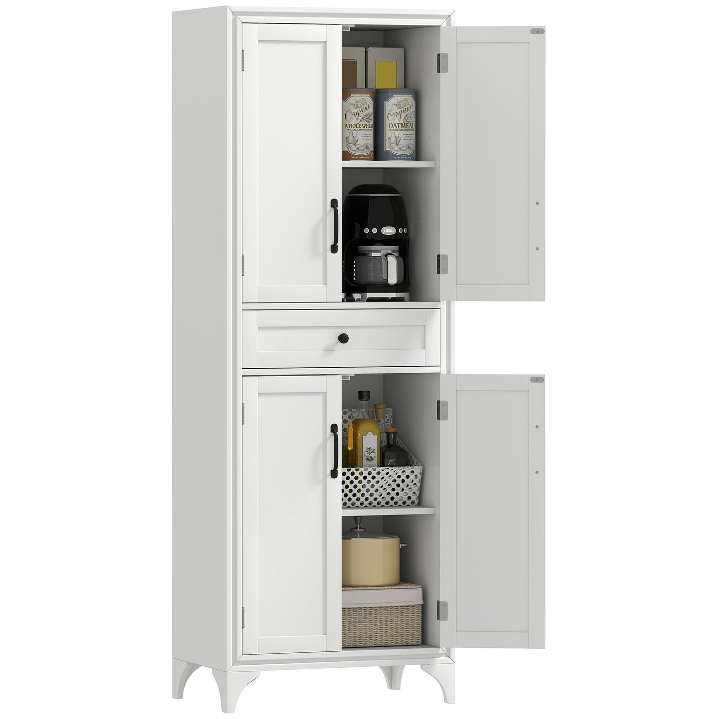 67-Inch White Kitchen Pantry with Drawer & Adjustable Shelves