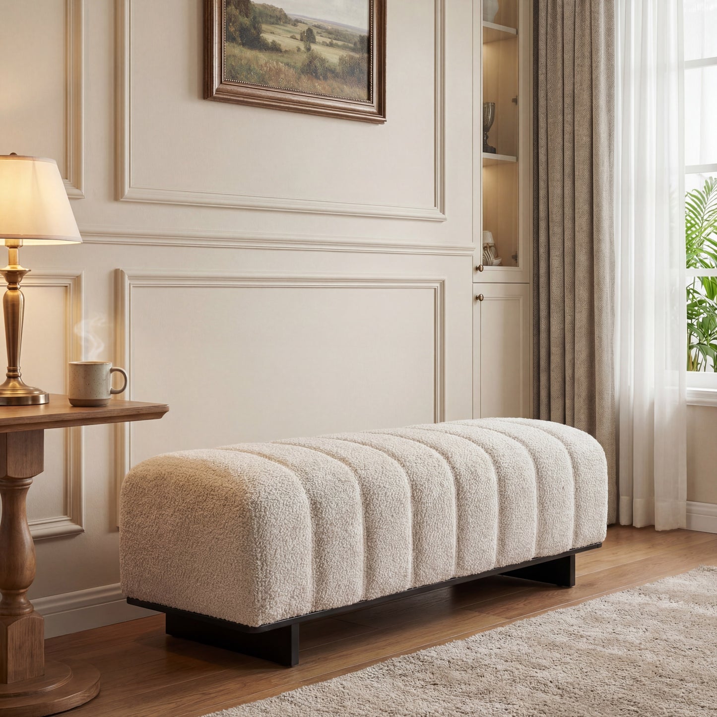 Beige Faux Fur Dining Bench with Rubber Wood Legs - 63.62"