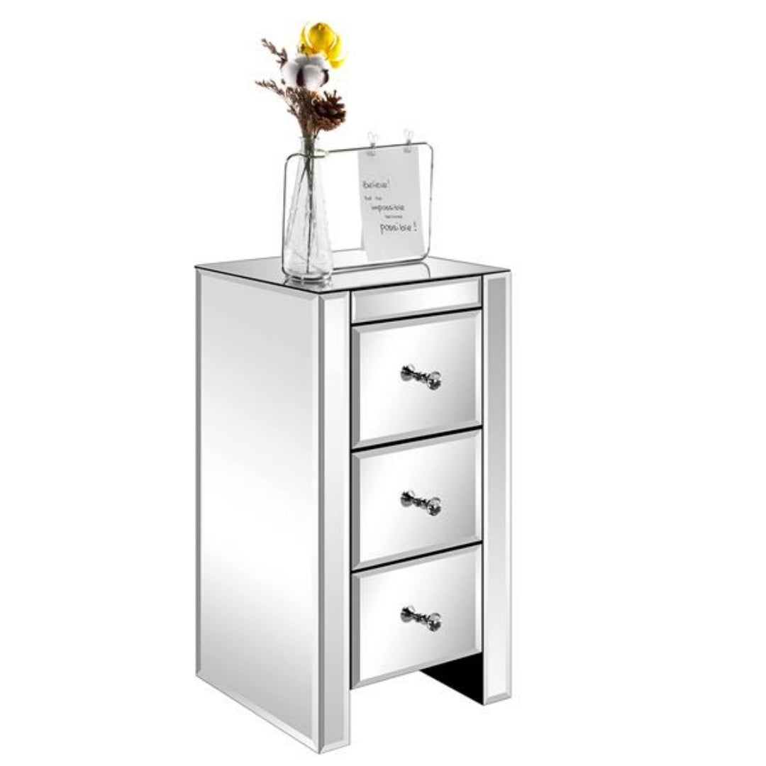 Mirrored Glass Bedside Table with 3 Drawers - Silver