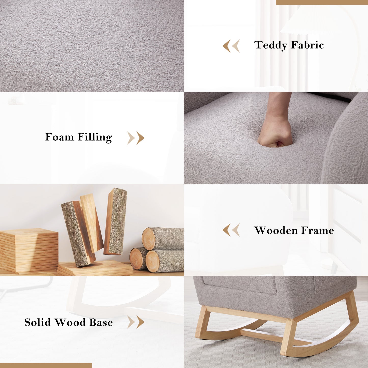 Modern Teddy Fabric Rocking Chair with Adjustable Footstool - Light Gray