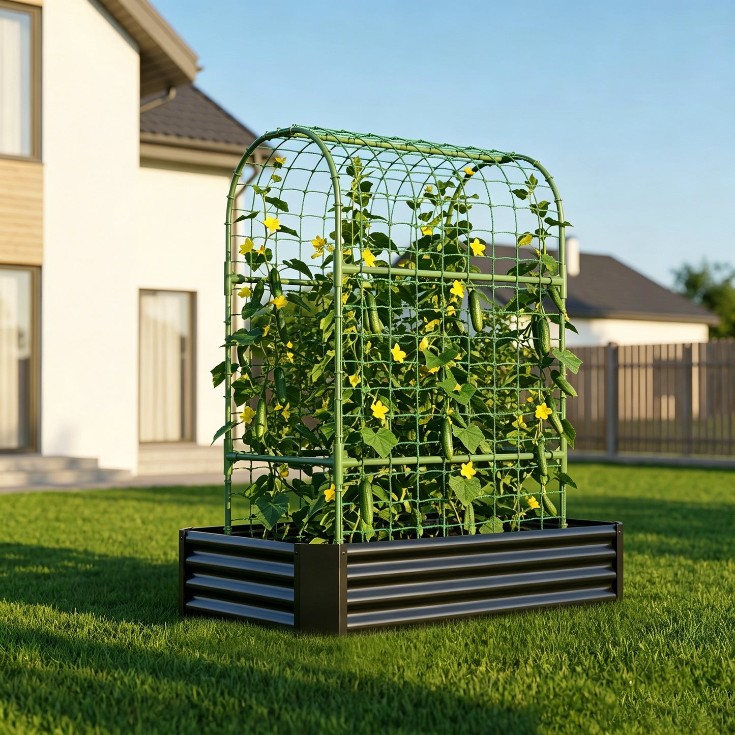 2-in-1 Raised Garden Bed with Trellis - 59" Metal Planter Box