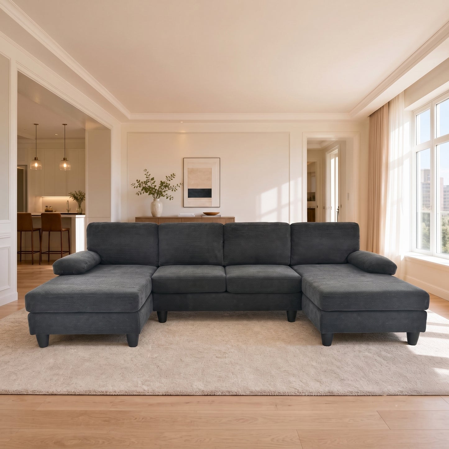 U-Shaped Sofa with Nubby Upholstery - Dark Grey
