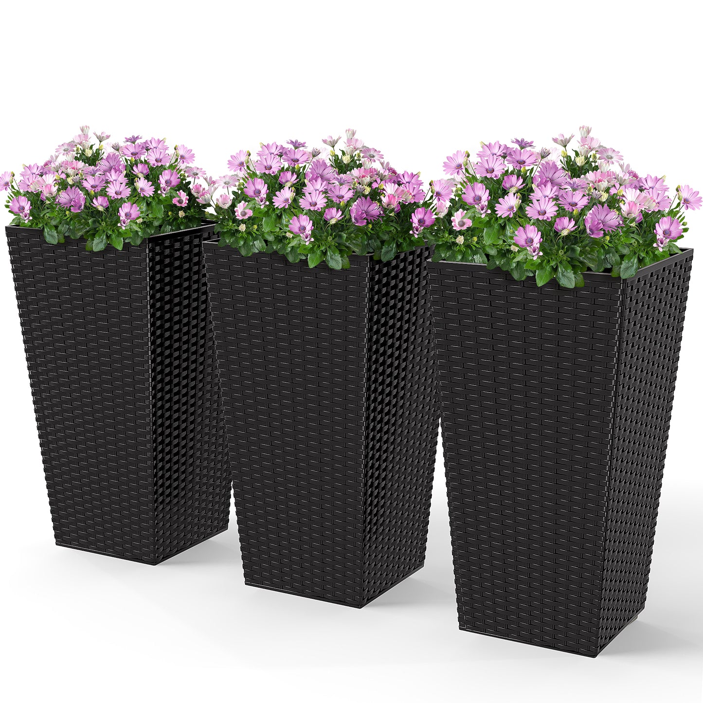 Set of 3 Tall Outdoor & Indoor Planters with Drainage Holes - Black, 24 Inches