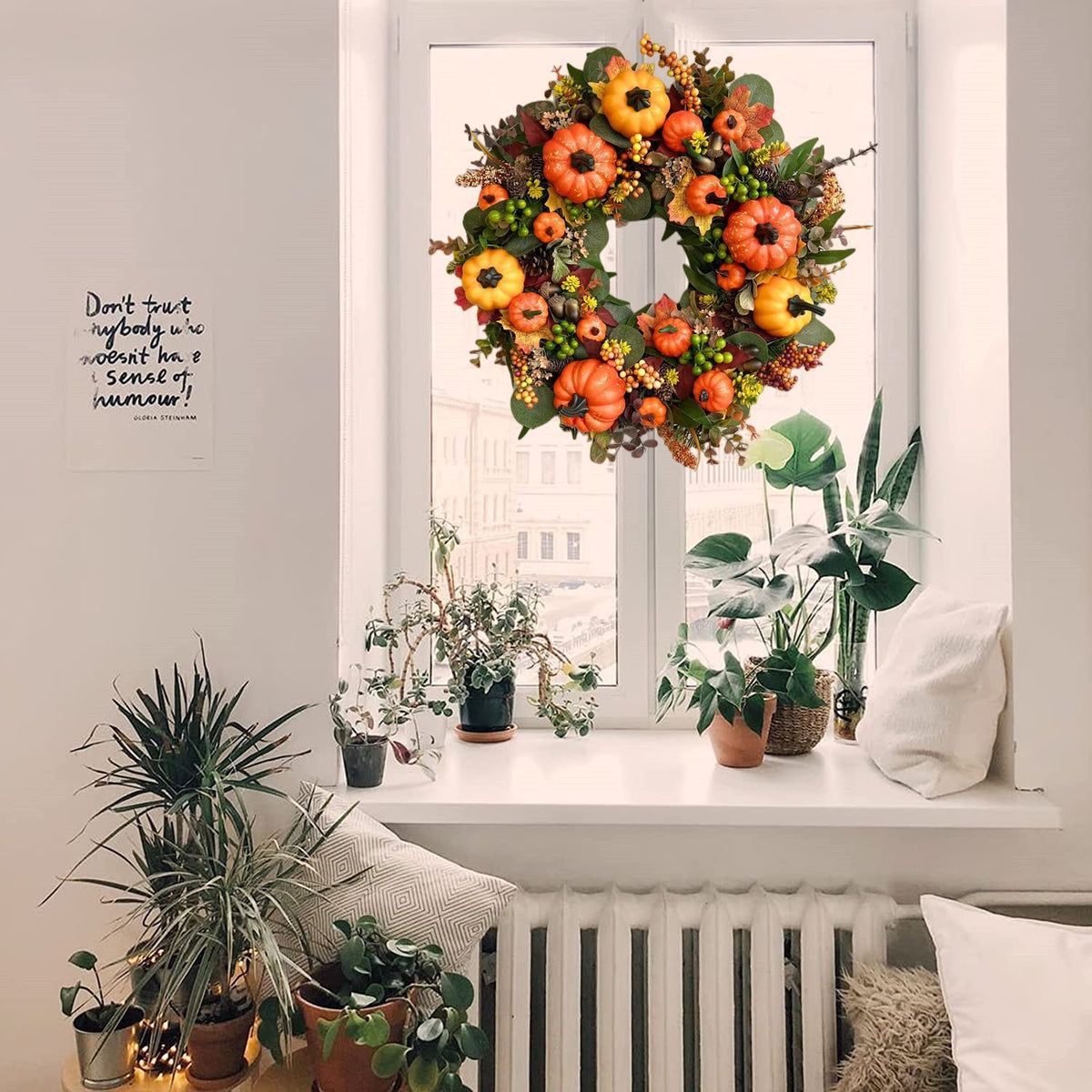 Artificial Pumpkin Wreath for Front Door Decor - Fall Harvest Festival