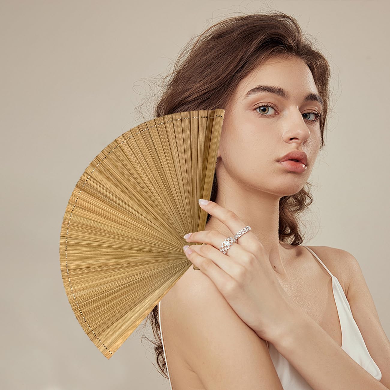 Elegant Handmade Bamboo Silk Handheld Fan - Beige