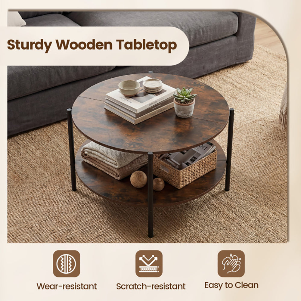 Round Coffee Table 2-Tier Industrial Accent With Open Storage Shelf