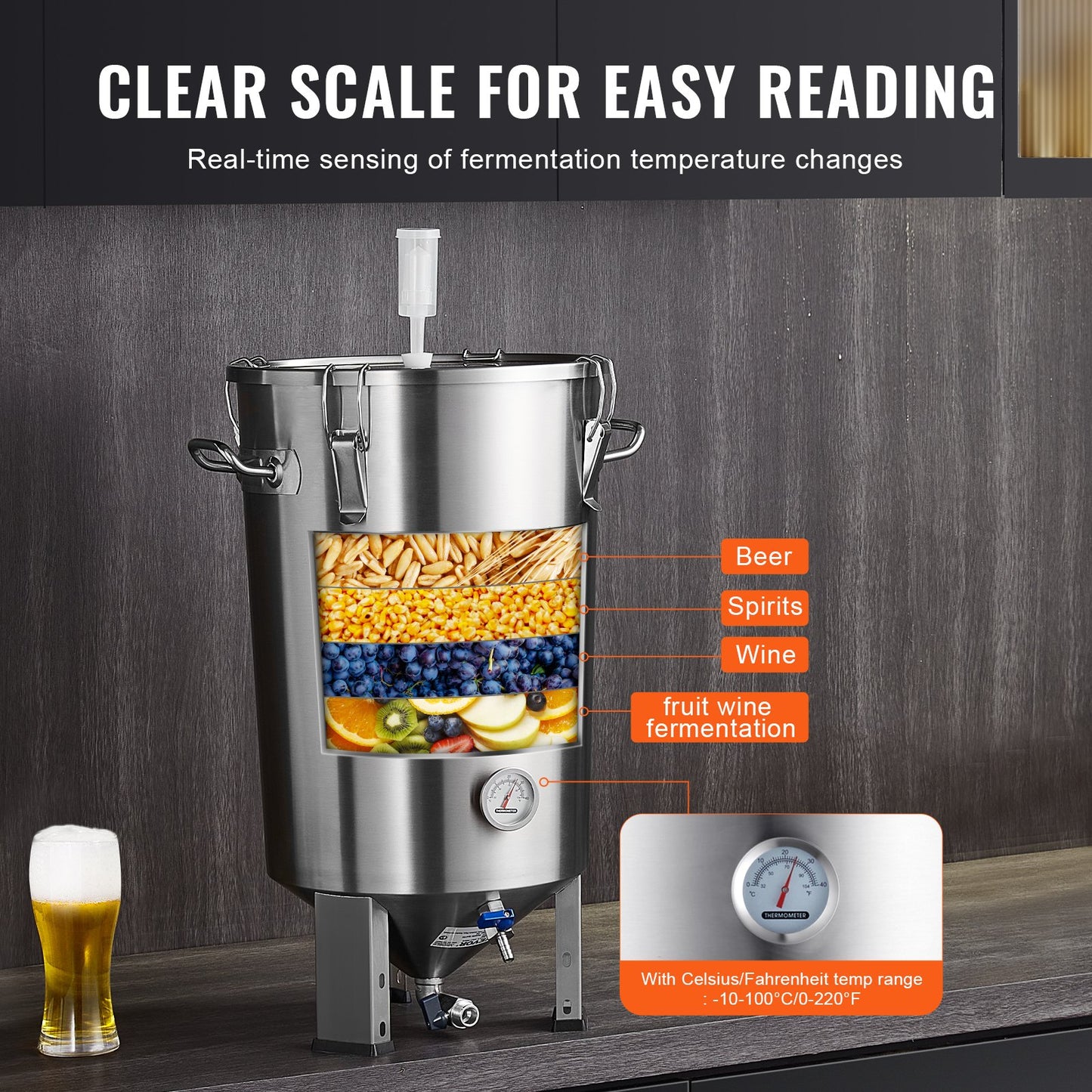 8 Gallon Stainless Steel Brew Fermentor with Lid & Thermometer