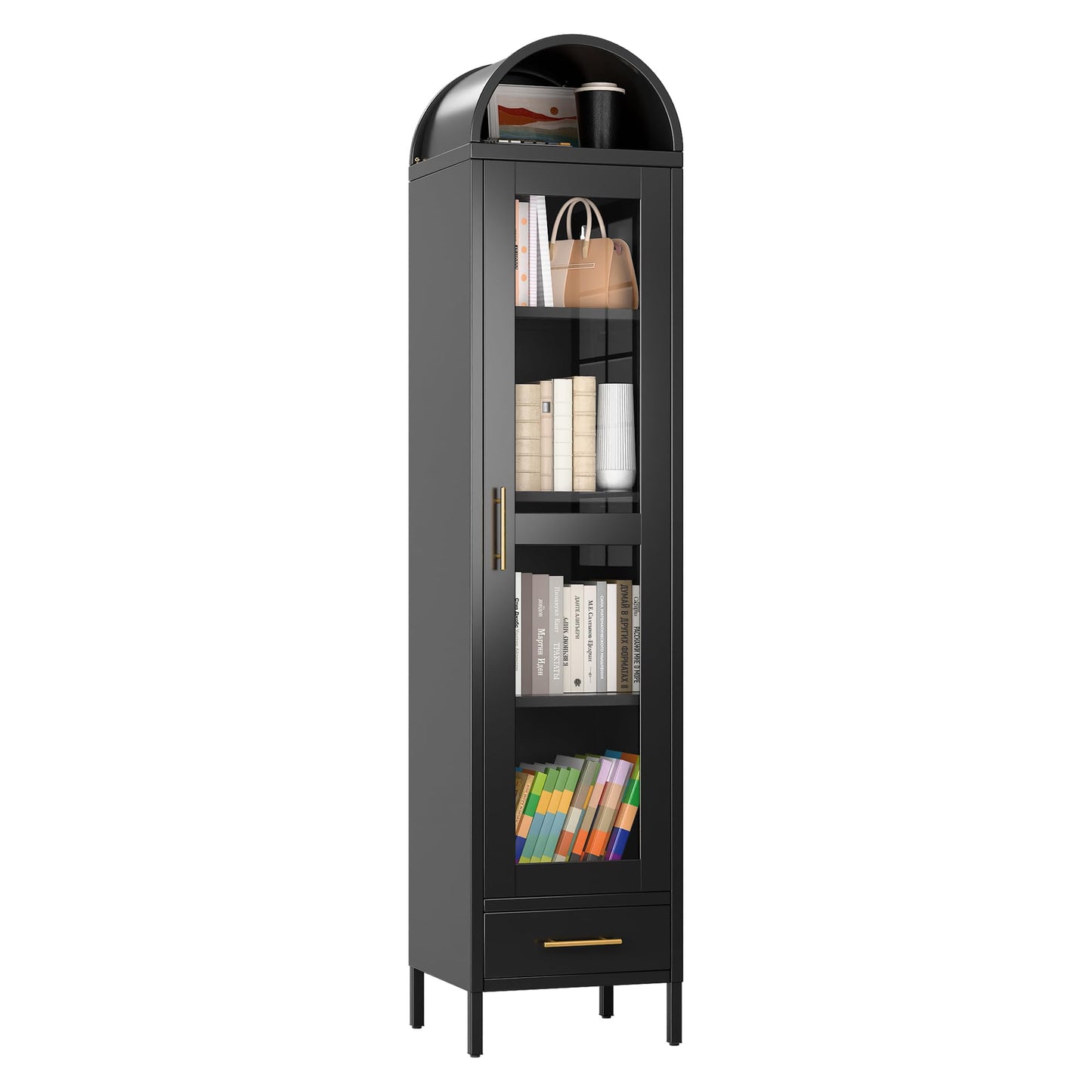 73'' Metal Arched Bookcase Cabinet with Glass Doors & Drawer - Black