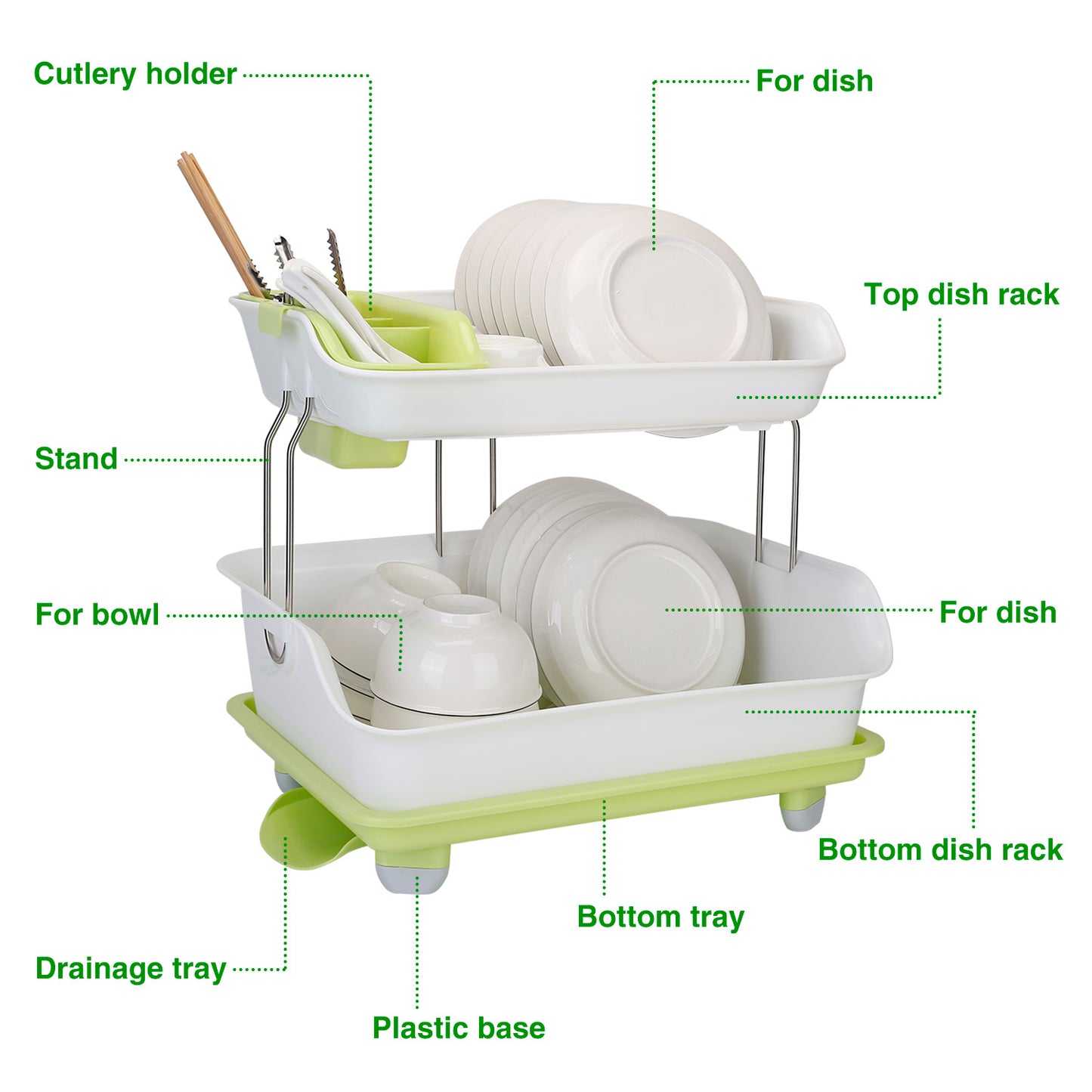 2-Tier Dish Drying Rack and Cutlery Drainer - Green & White