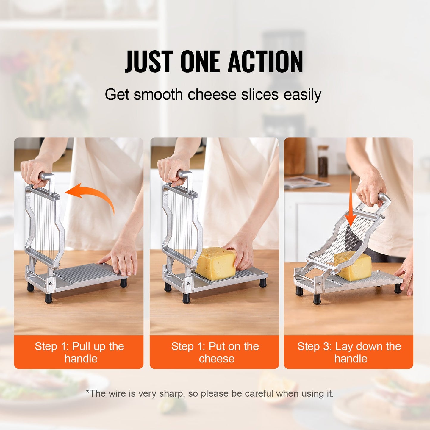 Cheese Slicer with Wire - Adjustable Thickness Cheese Cutter in Silver