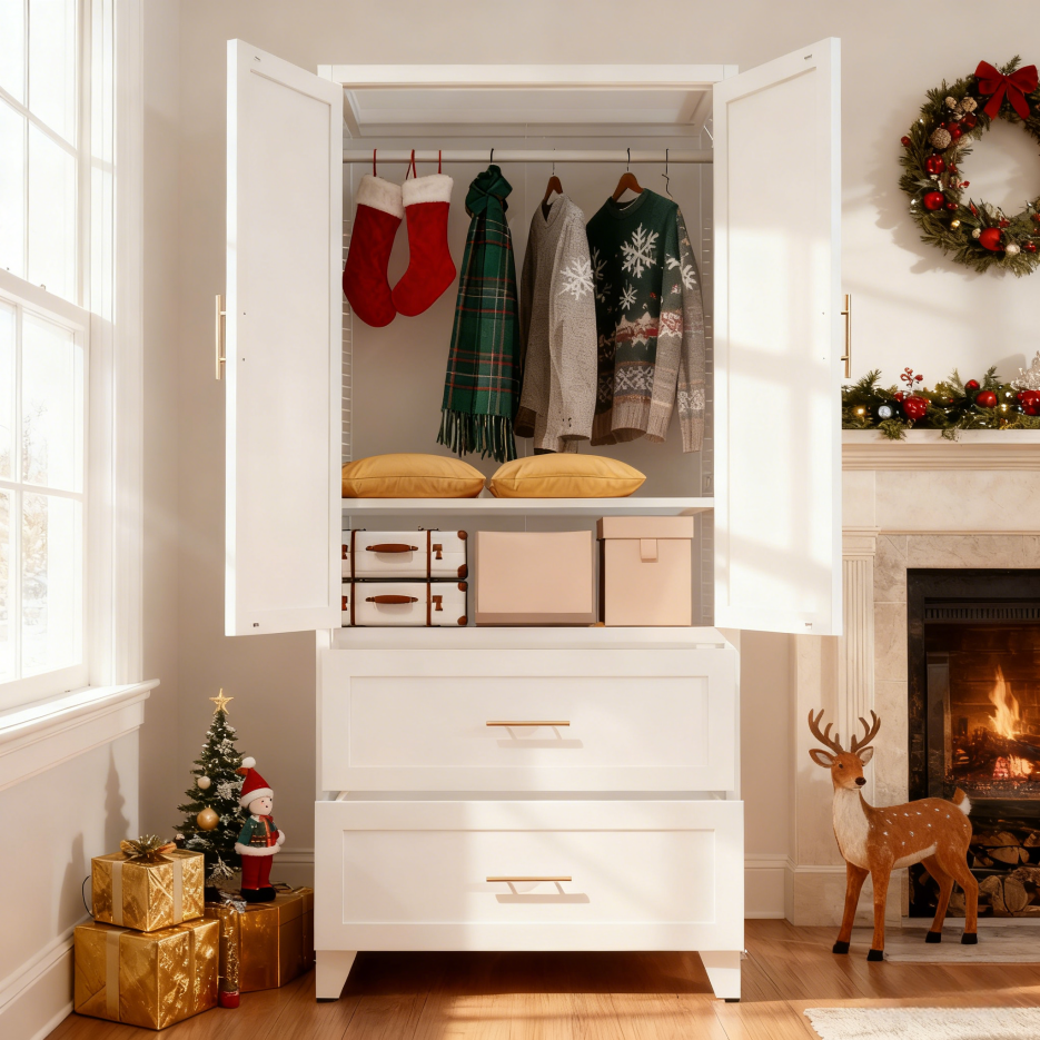 71-Inch Tall Metal Wardrobe Cabinet with 2 Drawers & Hanging Rod - White