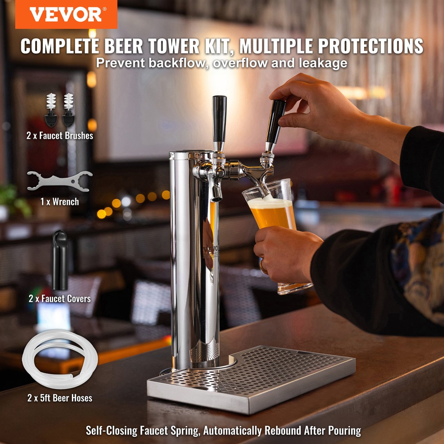 Stainless Steel Dual Tap Draft Beer Tower Dispenser Kit