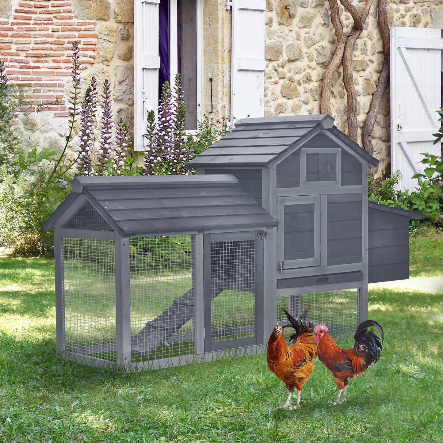 Small Wooden Chicken Coop with Nesting Box & Removable Tray - Gray, 925x575x260mm