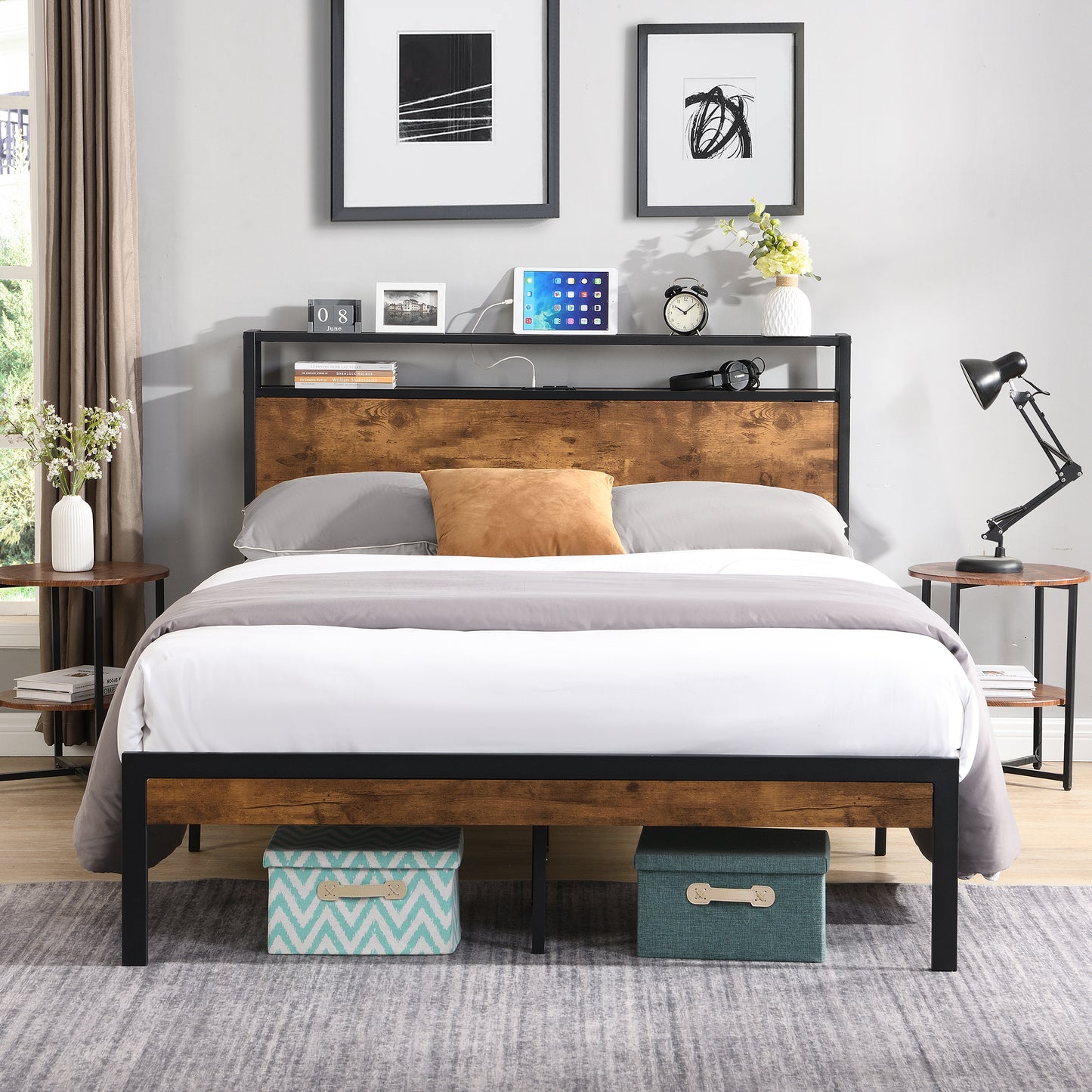 King Size Metal Platform Bed Frame with Wooden Headboard & USB