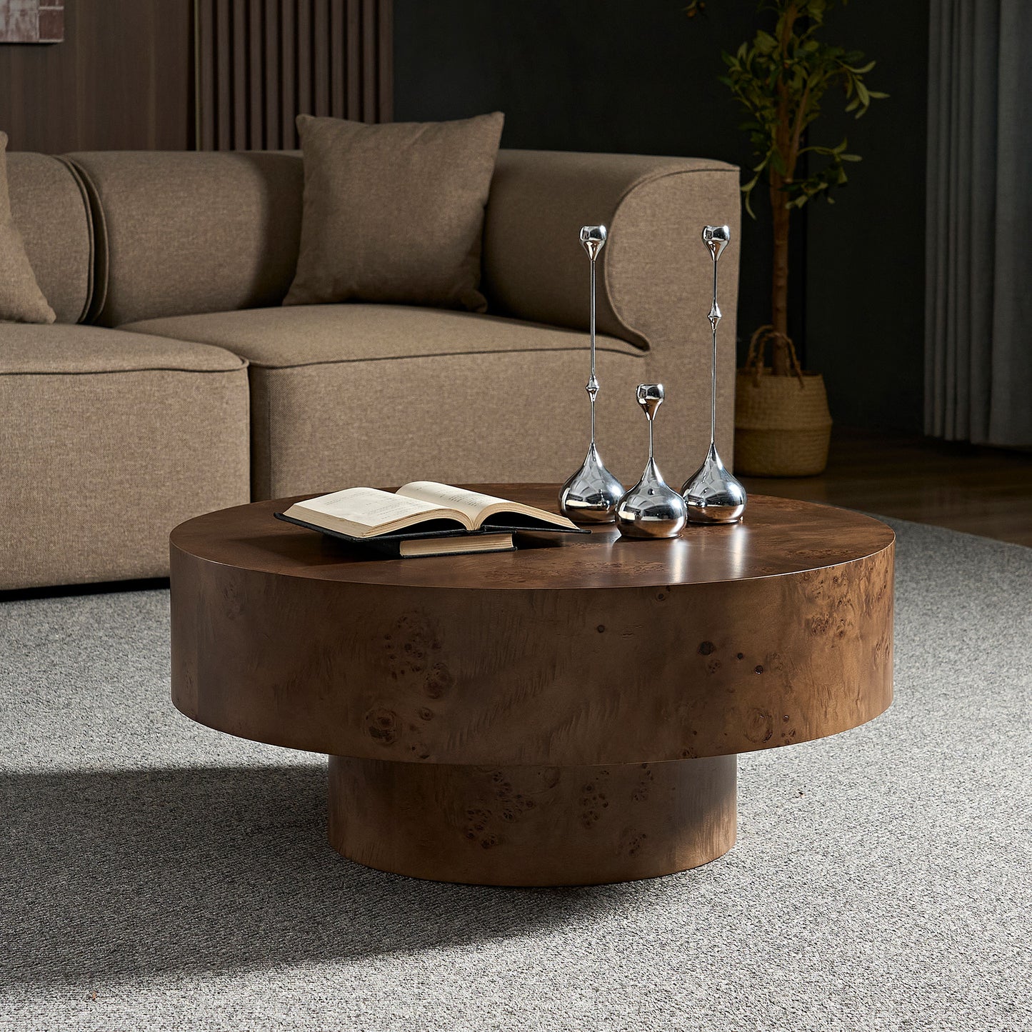 31.49'' Round Burl Wood Veneer Coffee Table - Walnut
