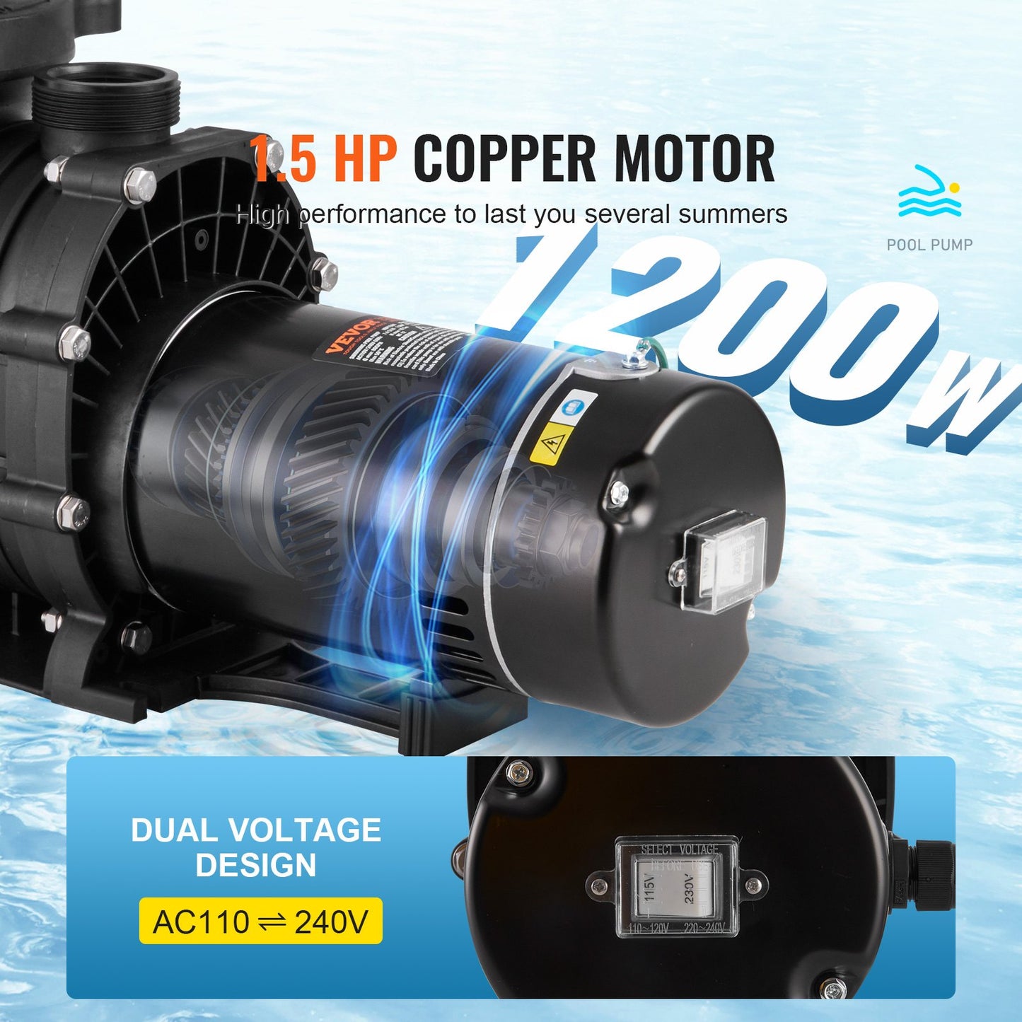 Above Ground Pool Pump 1.5 HP 100 GPM Single Speed 110V/240V with Filter Basket