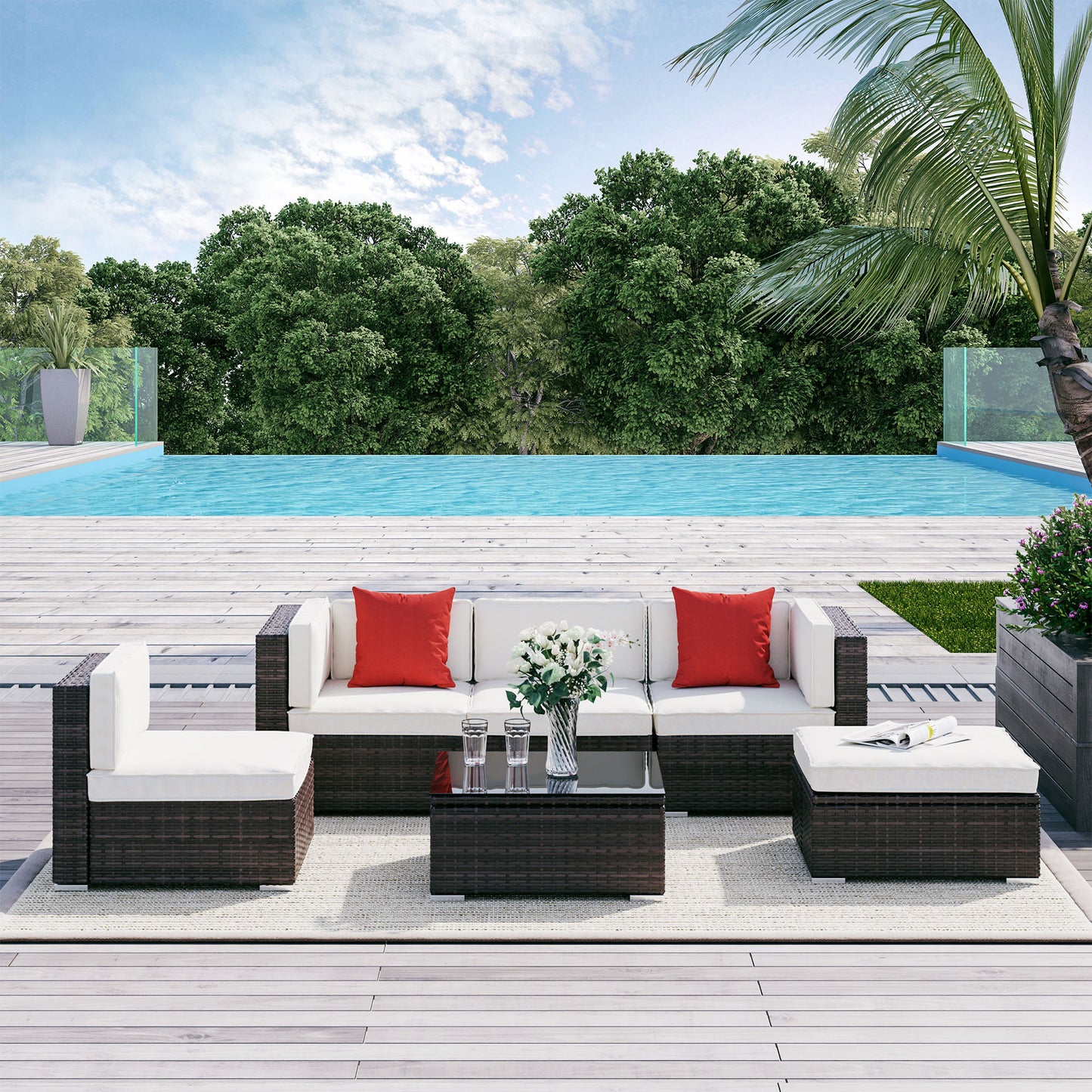 6-Piece Outdoor Wicker Sectional Sofa Set with Ottoman & Table