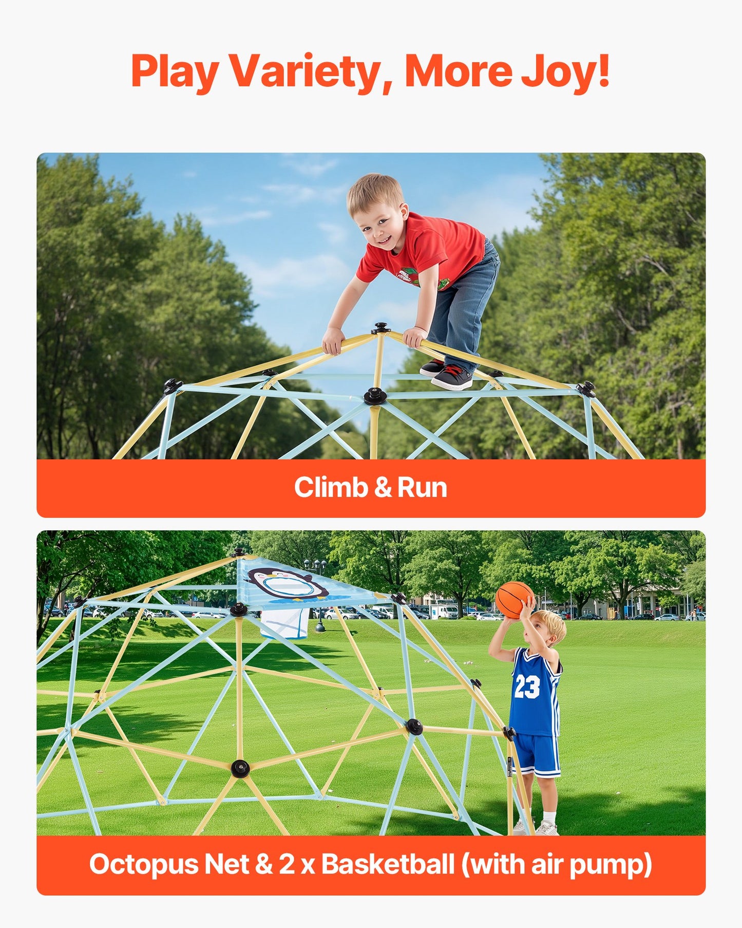 10FT Geometric Climbing Dome for Kids - Outdoor Jungle Gym Playground with Basketballs & Octopus Net