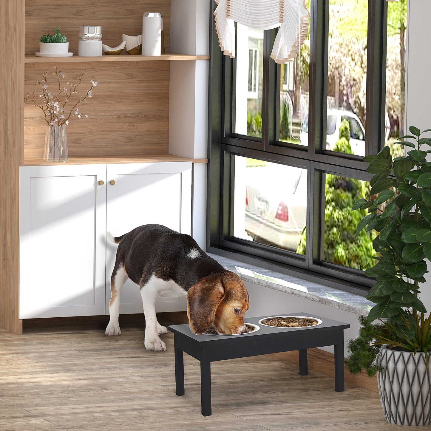 23-Inch Wooden Elevated Dog Food Bowls Feeding Station - Black