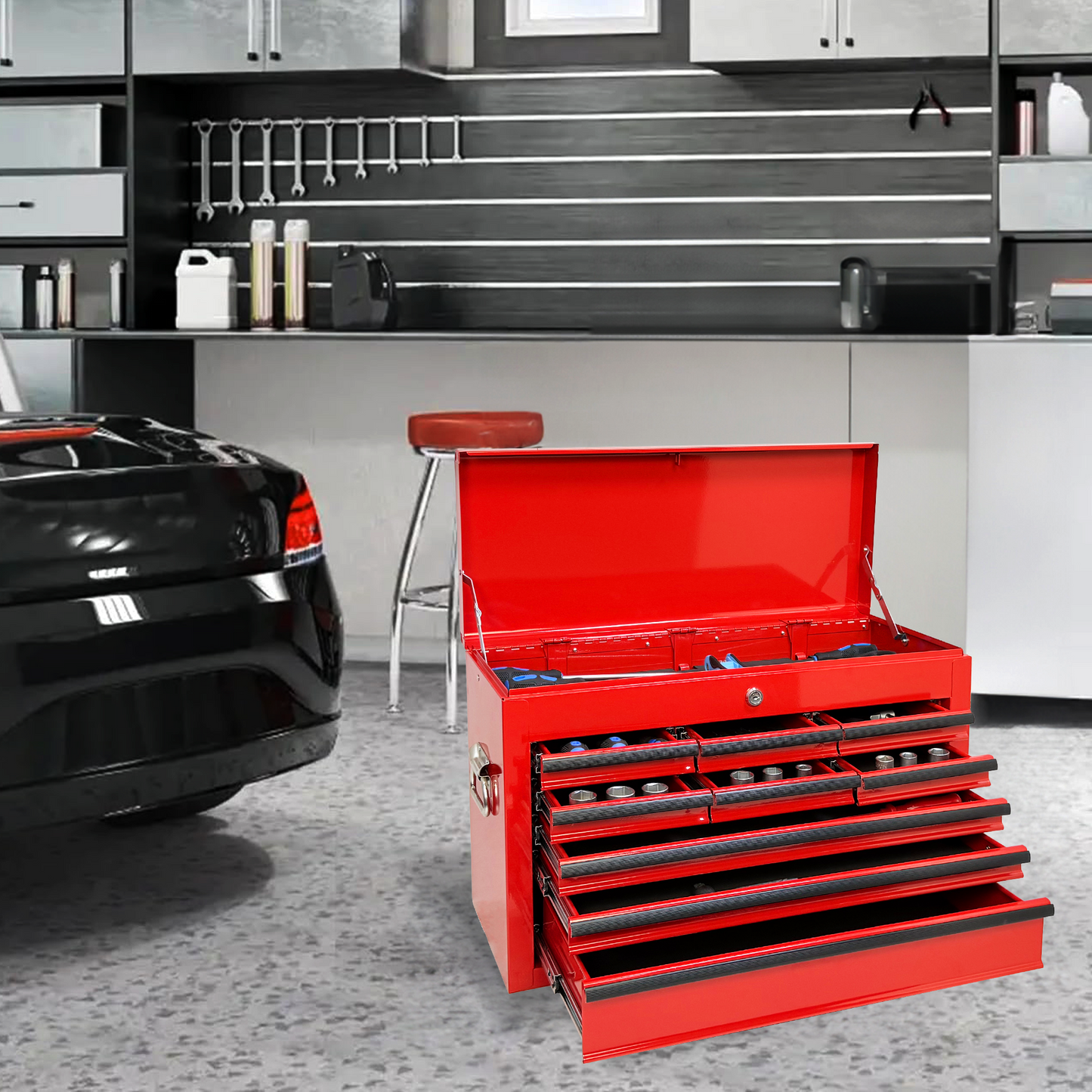 24-Inch Heavy Duty Metal Tool Box with 9 Drawers and Locking System - Red