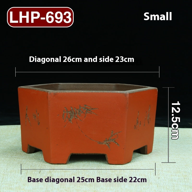 Large Hexagonal Ceramic Bonsai Basin with Purple Sand for Home Garden