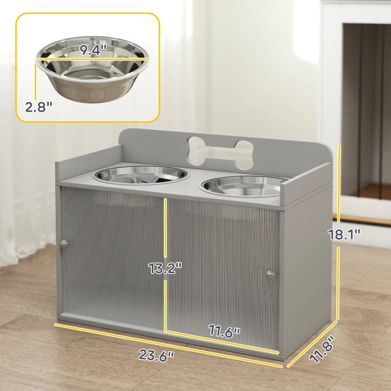 Elevated Dog Bowl Stand with Storage and 2 Stainless Steel Bowls - Large Dogs, Gray