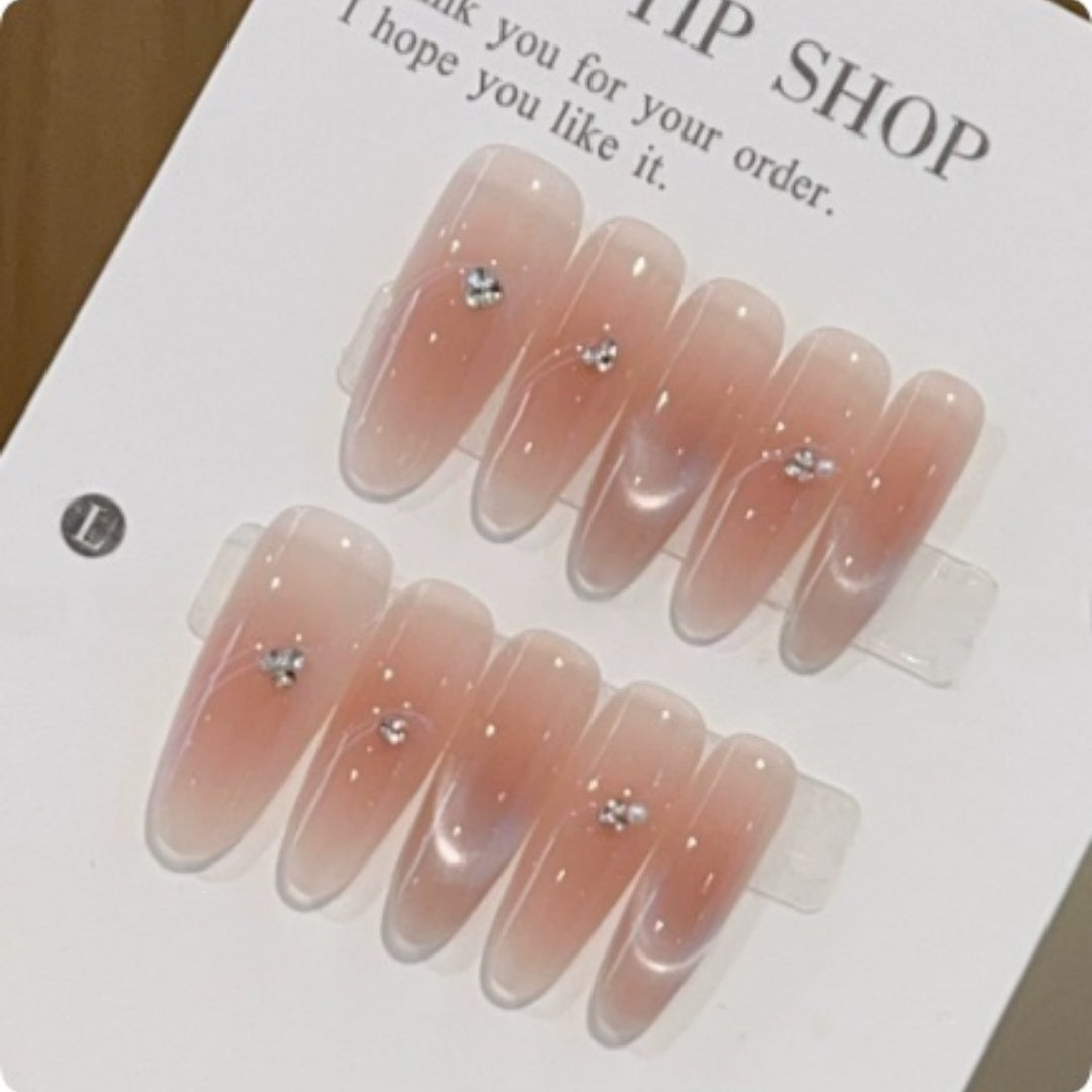 Nude Blush Cat-eye Rhinestone Handmade Nail Art
