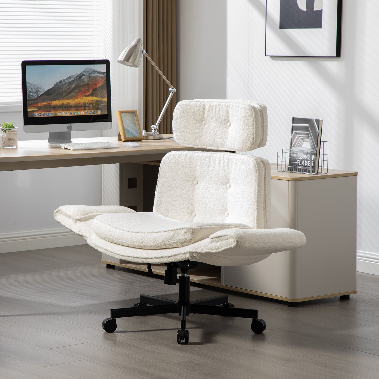 Lounge Desk Chair with Adjustable Armrests & Wheels - Ivory