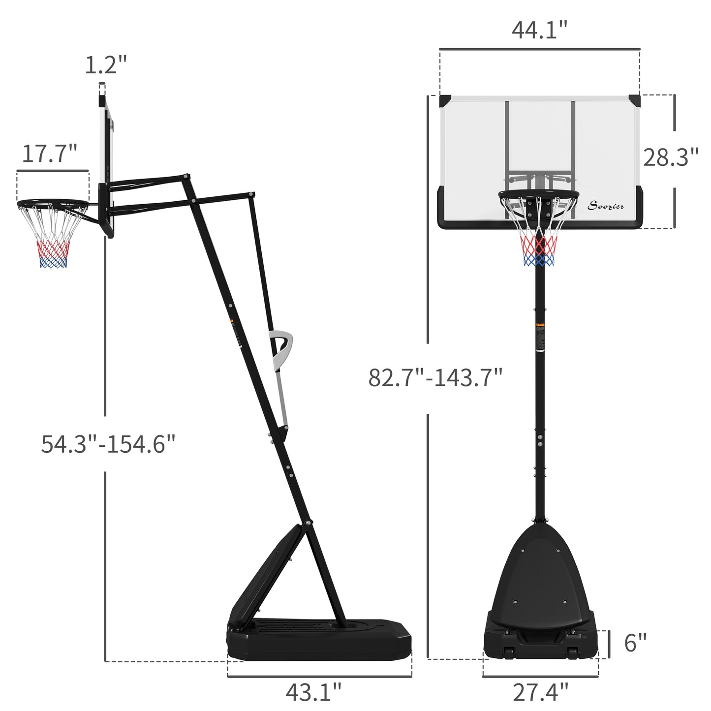 Freestanding Basketball Stand with 44" Backboard & Adjustable Height