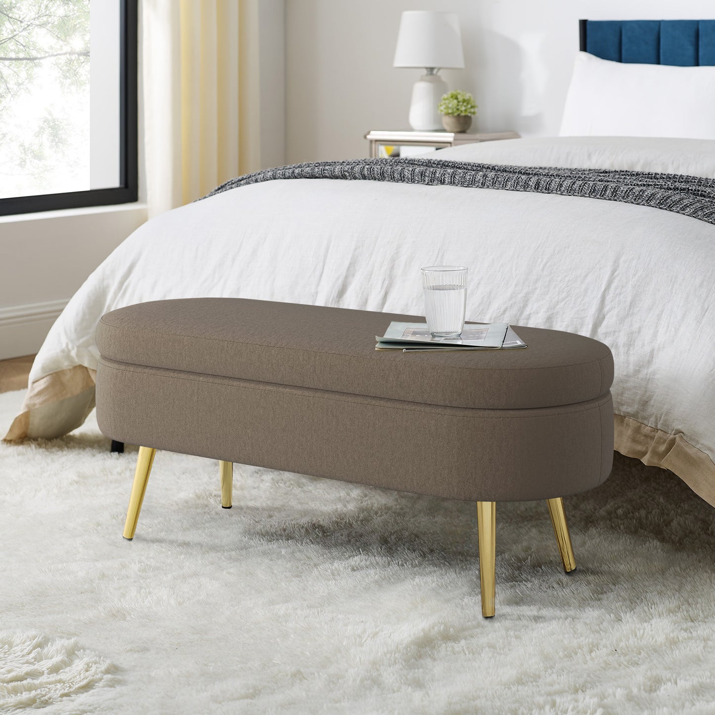 Brown Flannel Storage Ottoman Bench with Metal Legs - 43.5"