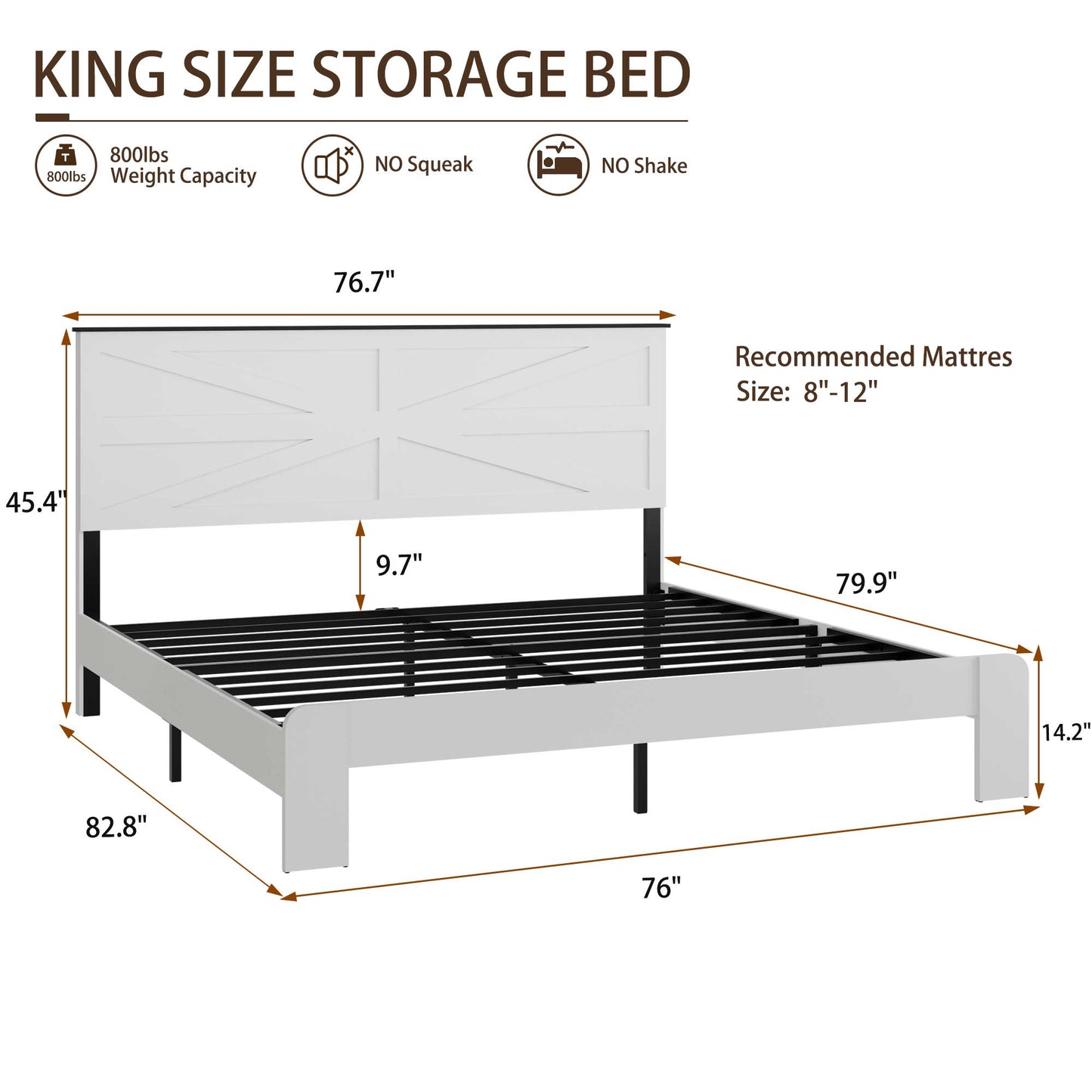 King Wood Platform Bed Frame with Headboard & Storage - White