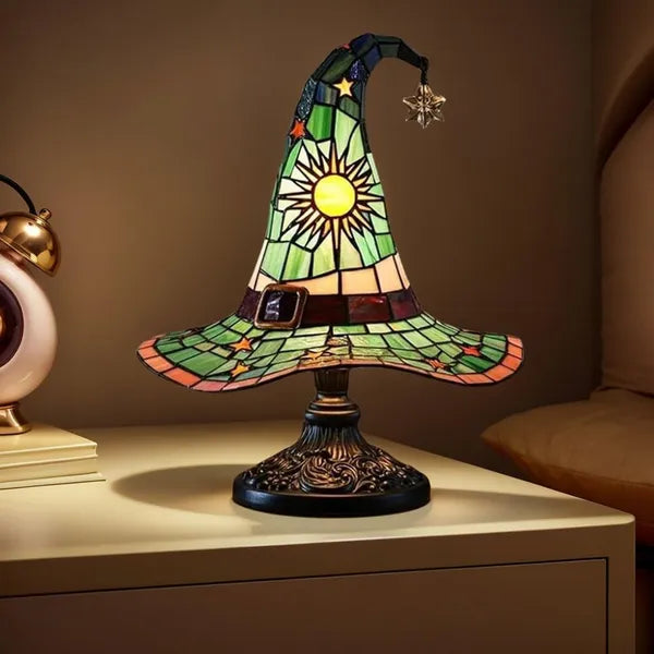 Handcrafted Stained Glass Witch Hat Table Lamp - Halloween Decor